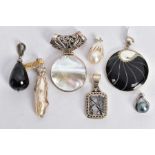 SEVEN ASSORTED SEMI-PRECIOUS GEMSTONE PENDANTS, seven white metal pendants set with stones such as