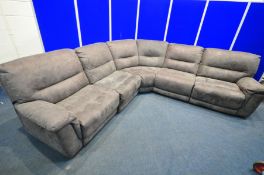 A GREY SUEDE UPHOLSTERED ELECTRIC CORNER SOFA, the two reclining ends, each with USB ports,