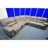 A GREY SUEDE UPHOLSTERED ELECTRIC CORNER SOFA, the two reclining ends, each with USB ports,