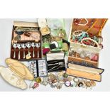 A BOX OF ASSORTED COSTUME JEWELLERY, to include a cream jewellery box with contents to include white