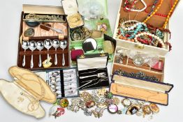 A BOX OF ASSORTED COSTUME JEWELLERY, to include a cream jewellery box with contents to include white