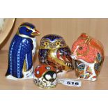 FOUR ROYAL CROWN DERBY PAPERWEIGHTS, comprising a Red Squirrel height 9cm, Little Owl height 8cm,