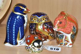 FOUR ROYAL CROWN DERBY PAPERWEIGHTS, comprising a Red Squirrel height 9cm, Little Owl height 8cm,