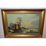 A NOSTALGIC FLEMISH WINTER SCENE WITH FIGURES ON A FROZEN CANAL, unsigned oil on board, gilt framed,