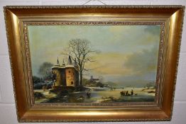 A NOSTALGIC FLEMISH WINTER SCENE WITH FIGURES ON A FROZEN CANAL, unsigned oil on board, gilt framed,