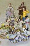 A GROUP OF CONTINENTAL CERAMIC FIGURES, including a pedestal twin handled pot pourri vase and cover,