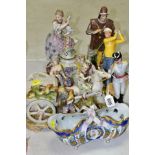 A GROUP OF CONTINENTAL CERAMIC FIGURES, including a pedestal twin handled pot pourri vase and cover,