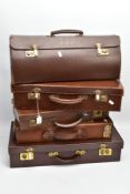 FIVE BROWN LEATHER MASONIC BRIEFCASES, five empty cases with three pairs of white gloves, four