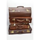 FIVE BROWN LEATHER MASONIC BRIEFCASES, five empty cases with three pairs of white gloves, four