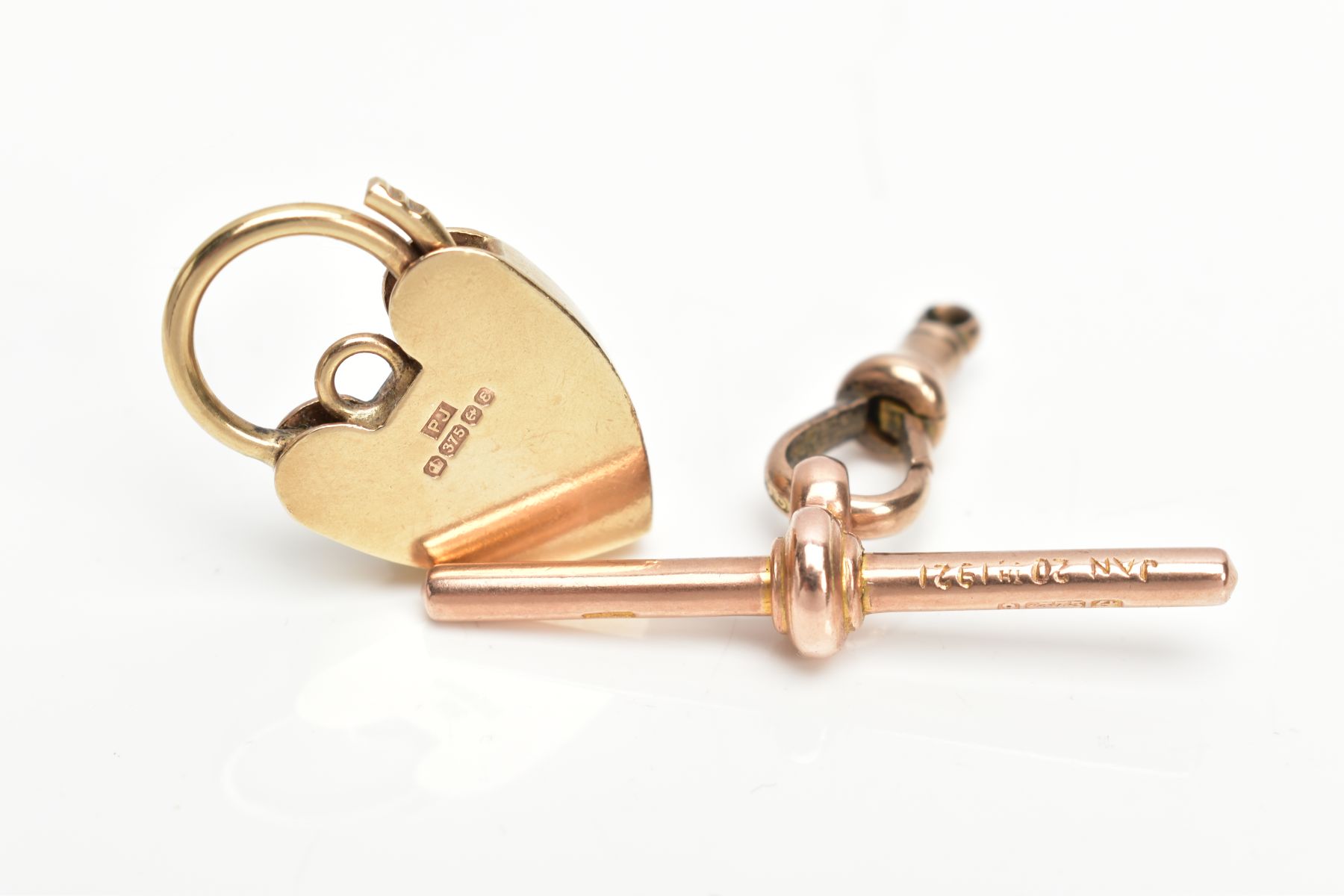 A 9CT GOLD HEART CLASP AND 9CT GOLD T-BAR, a gold heart padlock clasp with lock and screw details, - Image 2 of 2