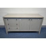 A WINSOR ARTISAN OAK SIDEBOARD, with a grey oil finish, comprising of three drawers besides double