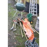 A WEBER BARBECUE, a parasol and stand along with various garden tools