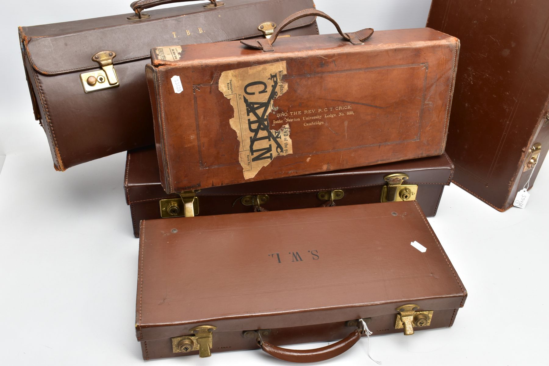 FIVE BROWN LEATHER MASONIC BRIEFCASES, five empty cases with three pairs of white gloves, four - Image 4 of 6