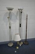 TWO MODERN BRASSED UPLIGHTERS both with an uplight and a flexi light for work illumination, a wooden