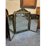 AN EARLY 20TH JAPPANNED TRIPLE DRESSING MIRROR, oak three panel shaped fire screen with floral