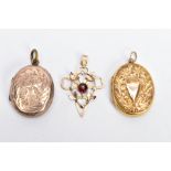 AN EARLY 20TH CENTURY 9CT GOLD PENDANT AND TWO LATE VICTORIAN 9CT FRONT AND BACK LOCKETS, the