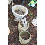 A MODERN COMPOSITE GARDEN URN 40cm in diameter and two composite planters (3)