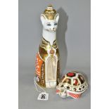 TWO ROYAL CROWN DERBY PAPERWEIGHTS, comprising Siamese from Royal Cats series, with gold stopper,