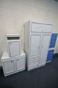 A WHITE FINISH BEDROOM SUITE, comprising a wardrobe, width 90cm x depth 51cm x height 184cm, two