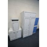 A WHITE FINISH BEDROOM SUITE, comprising a wardrobe, width 90cm x depth 51cm x height 184cm, two