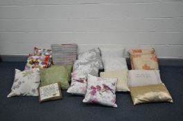 A COLLECTION OF NINETEEN THROW CUSHIONS including seven pairs of various designs and sizes the