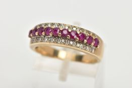 A 9CT GOLD RUBY AND DIAMOND RING, ten circular cut rubies claw set with grain set round brilliant