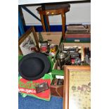 THREE BOXES AND LOOSE BOOKS, TOYS, METALWARES, MUSICAL TABLE AND SUNDRY ITEMS, to include a small