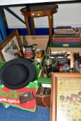 THREE BOXES AND LOOSE BOOKS, TOYS, METALWARES, MUSICAL TABLE AND SUNDRY ITEMS, to include a small