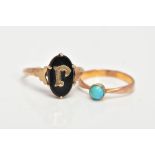 TWO GEM SET RINGS, to include a single turquoise stone in a milgrain bezel setting leading on to a