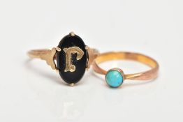 TWO GEM SET RINGS, to include a single turquoise stone in a milgrain bezel setting leading on to a