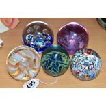 FIVE GLASS PAPERWEIGHTS, comprising three Caithness (Moonflower, Myriad and Ribbons), a Mdina