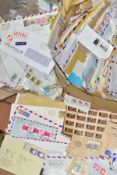 A LARGE BOX OF MAINLY COMMERCIAL POSTAL MAIL AND STAMPS FROM THE 1980'S, a wide range of countries