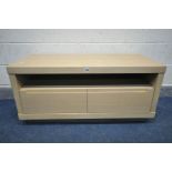 A WINSOR TIBRO OAK TV STAND, with cut-away drawer pulls, soft close and two drawers, new and unused,