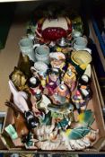 A BOX OF DECORATIVE CERAMICS ETC, to include toby jugs by Shorter and Sons, Burlington, Wain &