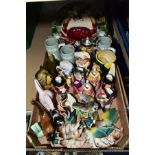 A BOX OF DECORATIVE CERAMICS ETC, to include toby jugs by Shorter and Sons, Burlington, Wain &