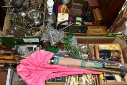 FOUR BOXES AND LOOSE METALWARES, TREEN, WALKING STICKS, UMBRELLAS, CHRISTMAS DECORATIONS AND