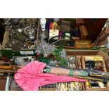 FOUR BOXES AND LOOSE METALWARES, TREEN, WALKING STICKS, UMBRELLAS, CHRISTMAS DECORATIONS AND