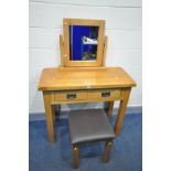 A SOLID GOLDEN OAK DRESSING/SIDE TABLE with two drawers, width 100cm x depth 47cm x height 85cm,