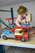 A METTOY PRESSED STEEL GUY INVINCIBLE CRANE TRUCK, playworn condition, missing bonnet and part of