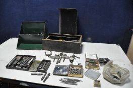 TWO VINTAGE METAL BOXES CONTAINING METAL WORKING TOOLS including a Verdict Dial Gauge, a Baty Dial