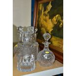 FIVE CUT CRYSTAL DECANTERS, THREE SILVER DECANTER LABELS AND A LARGE FRAMED PICTURE, comprising five