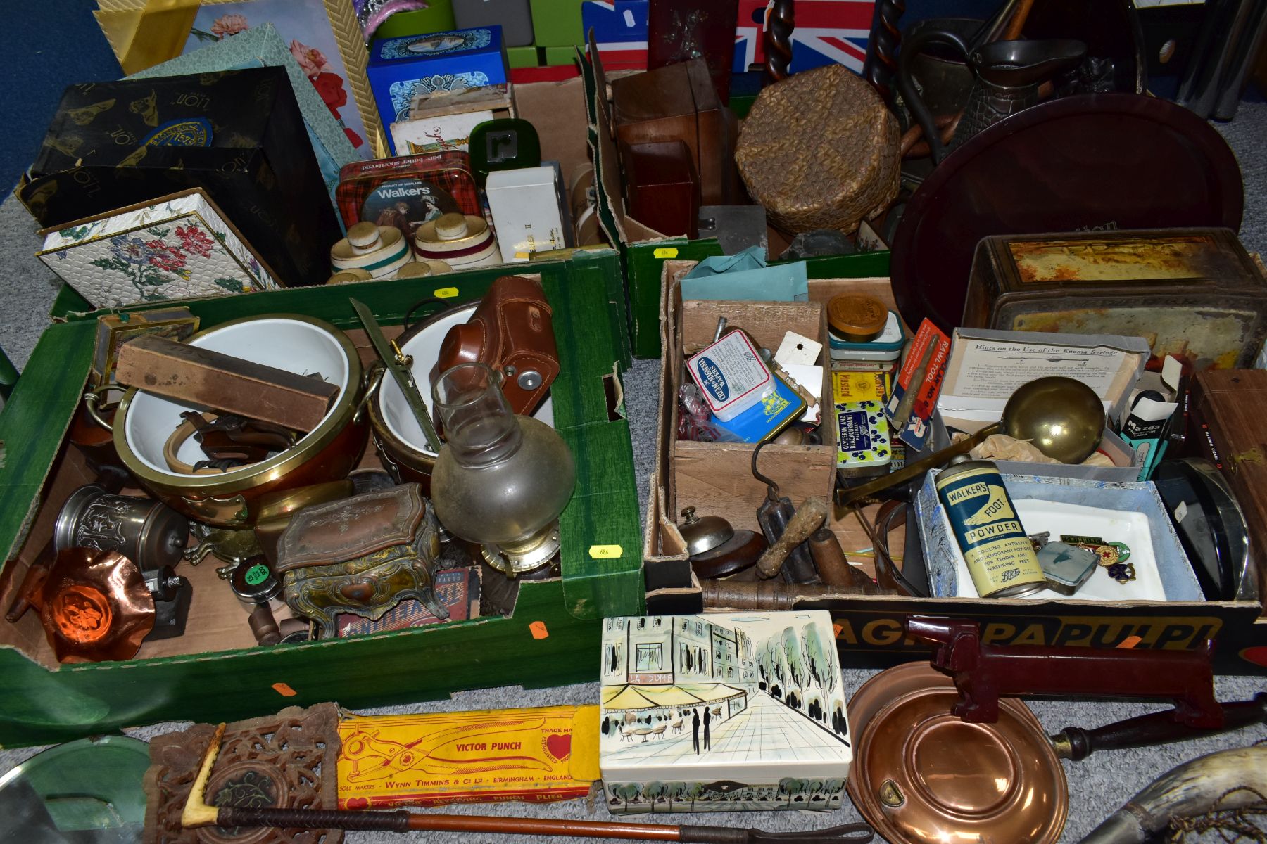 FOUR BOXES OF SUNDRY ITEMS ETC, TO INCLUDE A 19TH CENTURY FRENCH CAST METAL JEWELLERY CASKET,