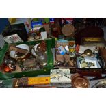 FOUR BOXES OF SUNDRY ITEMS ETC, TO INCLUDE A 19TH CENTURY FRENCH CAST METAL JEWELLERY CASKET,
