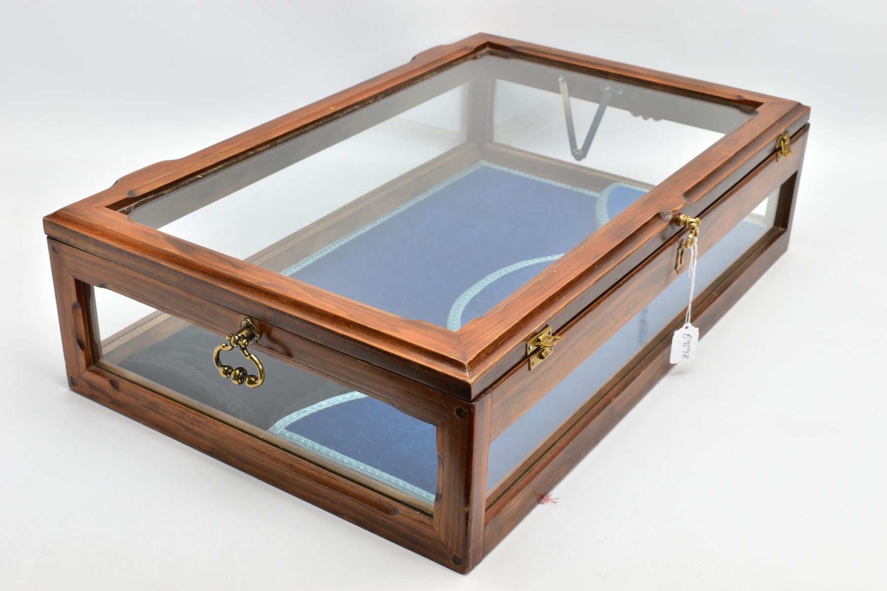 A WOODEN AND GLASS JEWELLERY DISPLAY CABINET, with a fitted blue fabric slightly tiered interior, - Image 2 of 4