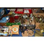 SEVEN BOXES AND LOOSE METALWARES, RECORDS, PICNIC SETS AND SUNDRY ITEMS, to include brass