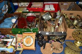 SEVEN BOXES AND LOOSE METALWARES, RECORDS, PICNIC SETS AND SUNDRY ITEMS, to include brass