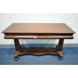 A VICTORIAN WALNUT SIDE TABLE, with two drawers, on twin cylindrical supports, united by a shaped