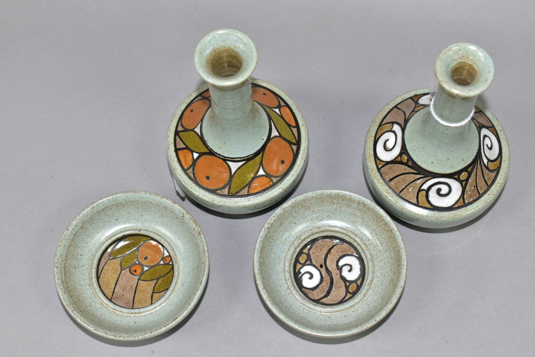 FOUR PIECES OF POOLE POTTERY, comprising two vases and two small dishes, mottled pale green ground - Image 3 of 4
