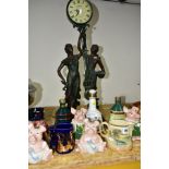 A JULIANA QUARTZ FIGURAL PENDULUM CLOCK AND A GROUP OF CERAMICS, to include a modern vintage style