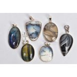 SIX ASSORTED SEMI-PRECIOUS GEMSTONE PENDANTS, six white metal pendants set with stones such as